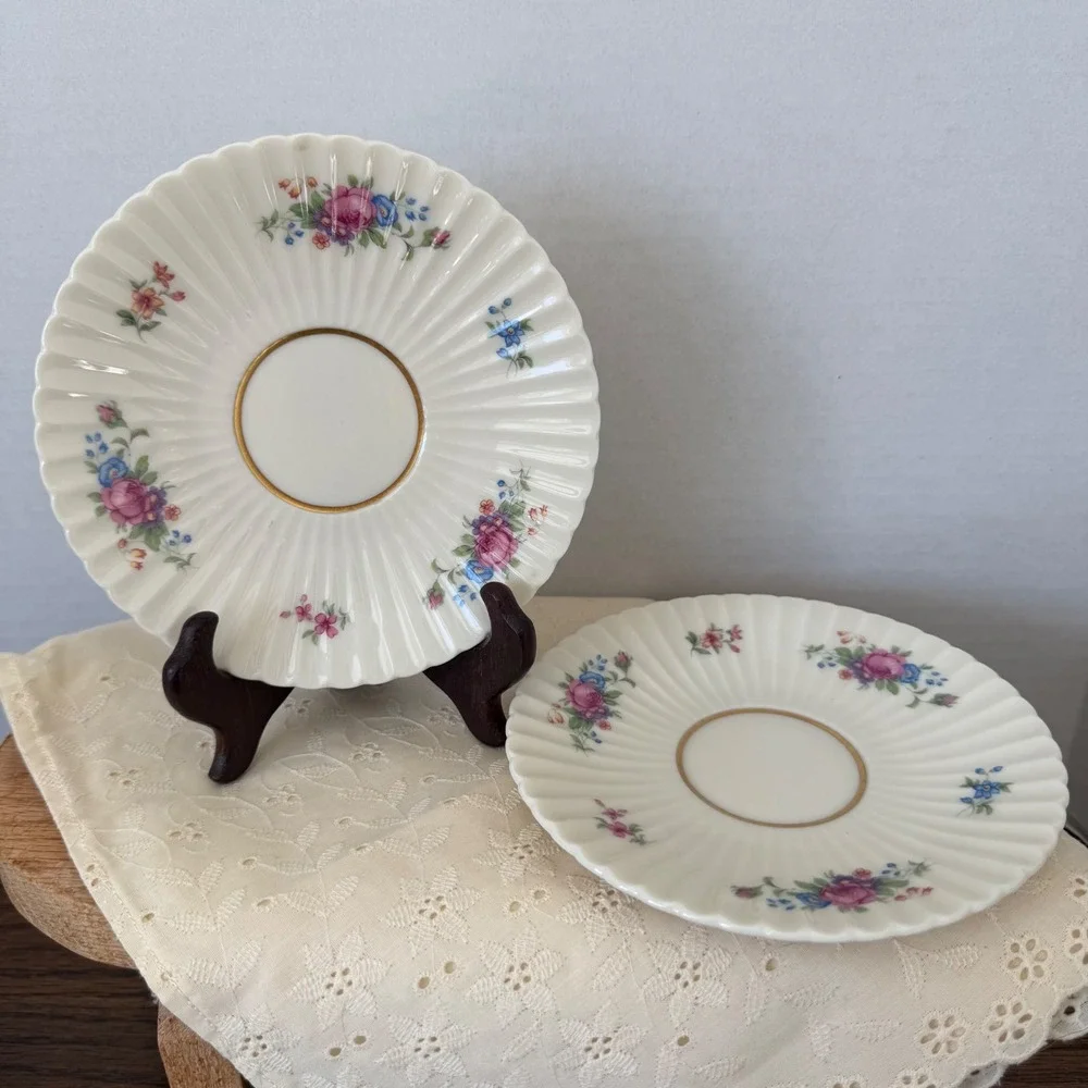Lenox Pavlova Saucers Set‎ of 2 Vintage Floral Fine China Gold Trim O-386 USA